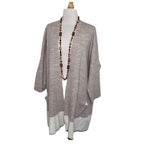 Eileen Fisher XL Tan Ivory Color Block Open Cardigan Sweater Merino Wool Pockets